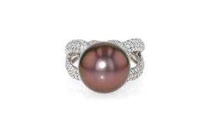 C. 1990 Vintage 13mm Black Cultured Pearl Ring with 1.50 ct. t.w. Diamonds in 18kt White Gold