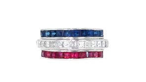 C. 1980 Vintage .91 ct. t.w. Ruby, .91 ct. t.w. Sapphire and .74 ct. t.w. Diamond Ring in Platinum