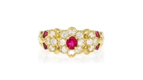 C. 1980 Vintage .50 ct. t.w. Ruby and .48 ct. t.w. Diamond Floral Ring in 18kt Yellow Gold