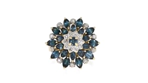 C. 1980 Vintage 2.45 ct. t.w. Sapphire and .16 ct. t.w. Diamond Flower Ring in 14kt Yellow Gold