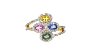 C. 1990 Vintage 1.40 ct. t.w. Multicolored Sapphire and .75 ct. t.w. Diamond Ring in 14kt Yellow Gold