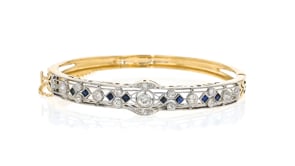 C. 1950 Vintage 1.05 ct. t.w. Diamond and .55 ct. t.w. Synthetic Sapphire Filigree Bangle Bracelet in Platinum and 14kt Yellow G