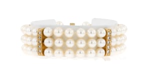 C. 1980 Vintage 5.9mm Cultured Pearl Three-Row Bracelet with .75 ct. t.w. Diamonds in 14kt Yellow Gold