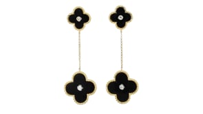 C. 1990 Vintage Onyx Clover Drop Earrings with .10 ct. t.w. Diamonds in 14kt Yellow Gold