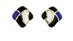 C. 1990 Vintage Asch Grossbardt Multi-Gemstone Inlay Earrings in 14kt Yellow Gold