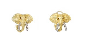 C. 1970 Vintage .20 ct. t.w. Diamond Elephant Earrings with Rubies in 18kt Yellow Gold