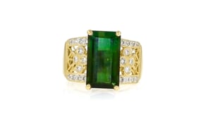C. 1990 Vintage 4.65 Carat Green Tourmaline Ring with .29 ct. t.w. Diamonds in 18kt Yellow Gold