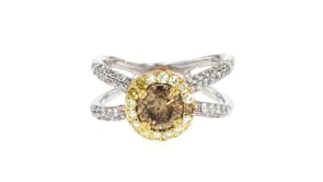 C. 1990 Vintage .90 Carat Brown Diamond Ring with 1.22 ct. t.w. Multicolored Diamonds in 18kt Two-Tone Gold