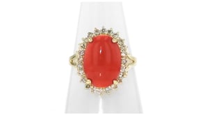 C. 1990 Vintage Coral Ring with .60 ct. t.w. Diamonds in 14kt Yellow Gold