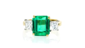 C. 1980 Vintage 3.50 Carat Emerald Ring with 1.00 ct. t.w. Diamonds in 18kt Yellow Gold