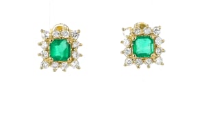 C. 1980 Vintage 1.20 ct. t.w. Emerald and 1.00 ct. t.w. Diamond Square Earrings in 14kt Yellow Gold