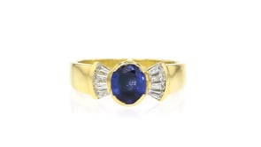 C. 1990 Vintage 1.10 Carat Sapphire and .46 ct. t.w. Diamond Ring in 18kt Yellow Gold
