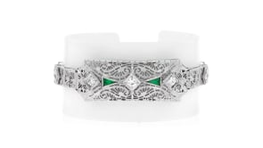 C. 1950 Vintage .35 ct. t.w. Diamond and Synthetic Emerald Filigree Bracelet in 14kt White Gold