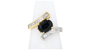 C. 1990 Vintage 2.00 Carat Sapphire Bypass Ring with .90 ct. t.w. Diamonds in 18kt Two-Tone Gold