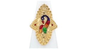 C. 2000 Vintage Rainbow Enamel Swan Ring in 21kt Yellow Gold