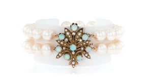 C. 1980 Vintage Cultured Pearl and Opal Two-Strand Bracelet with .15 ct. t.w. Diamonds in 14kt Yellow Gold