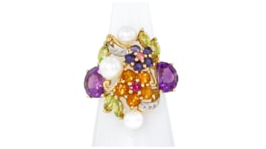 C. 1980 Vintage 5-6mm Cultured Pearl and 5.20 ct. t.w. Multi-Gemstone Floral Ring with Diamonds in 14kt Yellow Gold
