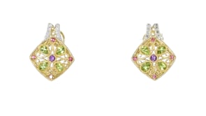 C. 1990 Vintage 1.51 ct. t.w. Multi-Gemstone Flower Earrings with Diamonds in 14kt Yellow Gold