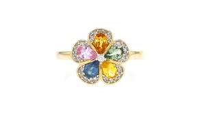 C. 1990 Vintage 1.00 ct. t.w. Multicolored Sapphire and .17 ct. t.w. Diamond Flower Ring in 14kt Yellow Gold