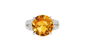 C. 1980 Vintage 3.80 Carat Citrine and .28 ct. t.w. Diamond Ring in Platinum