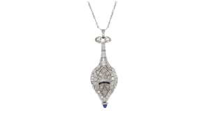 C. 1930 Vintage 1.06 ct. t.w. Diamond and .20 ct. t.w. Sapphire Watch Pendant Necklace in Platinum and 14kt White Gold