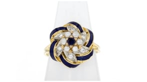 C. 1950 Vintage 2.5mm Cultured Pearl and .15 Carat Sapphire Swirl Ring with Diamonds and Blue Enamel in 18kt Yellow Gold