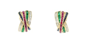 C. 1980 Vintage 6.00 ct. t.w. Multi-Gemstone and 1.15 ct. t.w. Diamond Curved Earrings in 18kt Yellow Gold