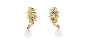 C. 1990 Vintage 6.5mm Cultured Pearl Floral Drop Earrings with Diamonds in 14kt Yellow Gold