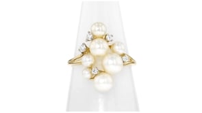 C. 2000 Vintage 3-6mm Cultured Pearl and .10 ct. t.w. Diamond Cluster Ring in 10kt Yellow Gold