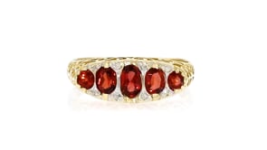 C. 1980 Vintage 1.15 ct. t.w. Garnet Five-Stone Ring with Diamonds in 14kt Yellow Gold
