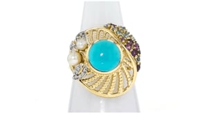 C. 1980 Vintage Turquoise, Cultured Pearl and .55 ct. t.w. Multi-Gemstone Ring with .12 ct. t.w. Diamonds in 14kt Yellow Gold