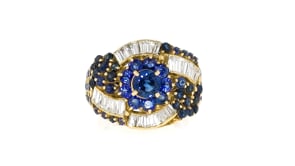 C. 1980 Vintage 4.25 ct. t.w. Sapphire and .86 ct. t.w. Diamond Ring in 18kt Yellow Gold
