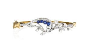 C. 1970 Vintage 1.50 ct. t.w. Diamond and .85 ct. t.w. Sapphire Floral Bangle Bracelet in Palladium and 14kt Yellow Gold