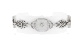 C. 1950 Vintage 15.00 ct. t.w. Rock Crystal Openwork Station Bracelet with Diamonds in Platinum