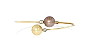 C. 1990 Vintage 11mm Cultured Champagne and Brown Pearl Bangle Bracelet with .20 ct. t.w. Diamonds in 18kt Yellow Gold
