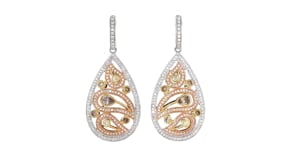 C. 1990 Vintage 2.57 ct. t.w. Multicolored Diamond Hoop Drop Earrings in 18kt Tri-Colored Gold