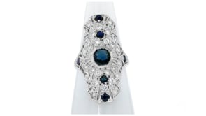 C. 1980 Vintage 1.35 ct. t.w. Sapphire and .70 ct. t.w. Diamond Flower Ring in Platinum