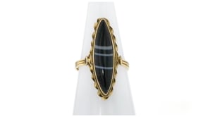 C. 1960 Vintage Black Agate Marquise Ring in 14kt Yellow Gold
