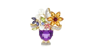 C. 1990 Vintage 4.5-6mm Cultured Pearl and 16.30 ct. t.w. Multi-Gemstone Flower Vase Pin/Pendant with .12 ct. t.w. Diamonds in 1
