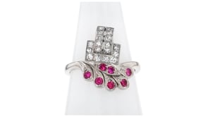 C. 1950 Vintage .35 ct. t.w. Synthetic Ruby and .30 ct. t.w. Diamond Ring in 14kt White Gold
