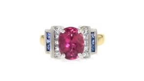 C. 1980 Vintage 3.75 Carat Pink Tourmaline and .30 ct. t.w. Diamond Ring with .30 ct. t.w. Sapphires in Platinum and 18kt Yellow