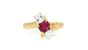 C. 1990 Vintage .85 Carat Ruby and .60 ct. t.w. Diamond Bypass Ring in 14kt Yellow Gold