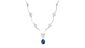 C. 1990 Vintage 1.90 Carat Sapphire and 1.88 ct. t.w. Diamond Scalloped Necklace in 18kt White Gold