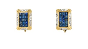 C. 1980 Vintage 4.40 ct. t.w. Sapphire and .20 ct. t.w. Rectangular Earrings in 18kt Yellow Gold