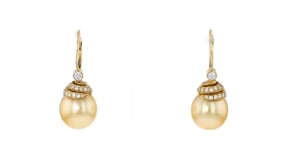 C. 1990 Vintage 13x10.5mm Cultured Golden Pearl Drop Earrings with .47 ct. t.w. Diamonds in 14kt Yellow Gold