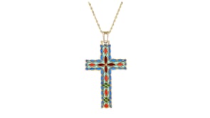 C. 1950 Vintage Multicolored Enamel Plique-a-Jour Cross Pendant Necklace in 14kt Yellow Gold