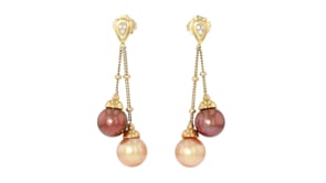 C. 1990 Vintage 9mm Cultured Champagne and Brown Pearl Drop Earrings with Diamonds in 18kt Yellow Gold