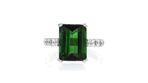C. 1990 Vintage 4.30 Carat Green Tourmaline and 1.00 ct. t.w. Diamond Ring in 18kt White Gold