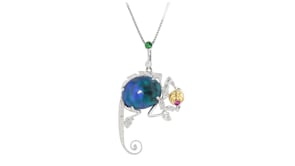 C. 1990 Vintage Black Opal and .12 Carat Tsavorite Chameleon Pendant Necklace with Diamonds and Single Pink Sapphire in 18kt Two