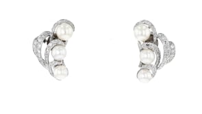 C. 1950 Vintage 6-7mm Cultured Pearl and 1.00 ct. t.w. Diamond Swirl Earrings in 14kt White Gold